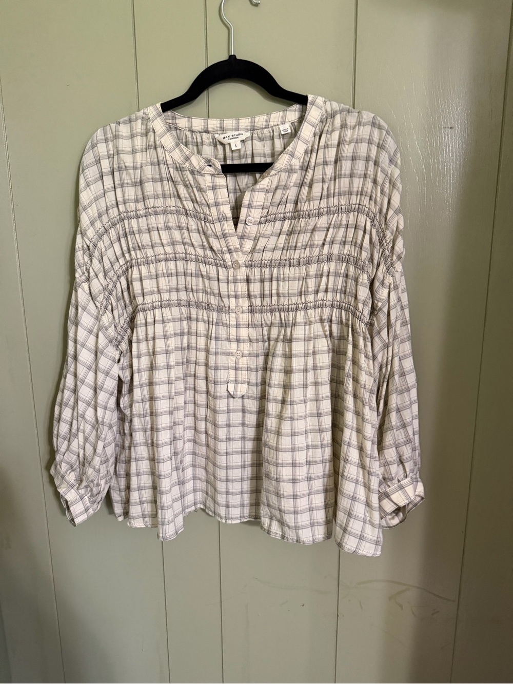 Max Studio White and Light Gray Plaid Smocked Peasant Tunic